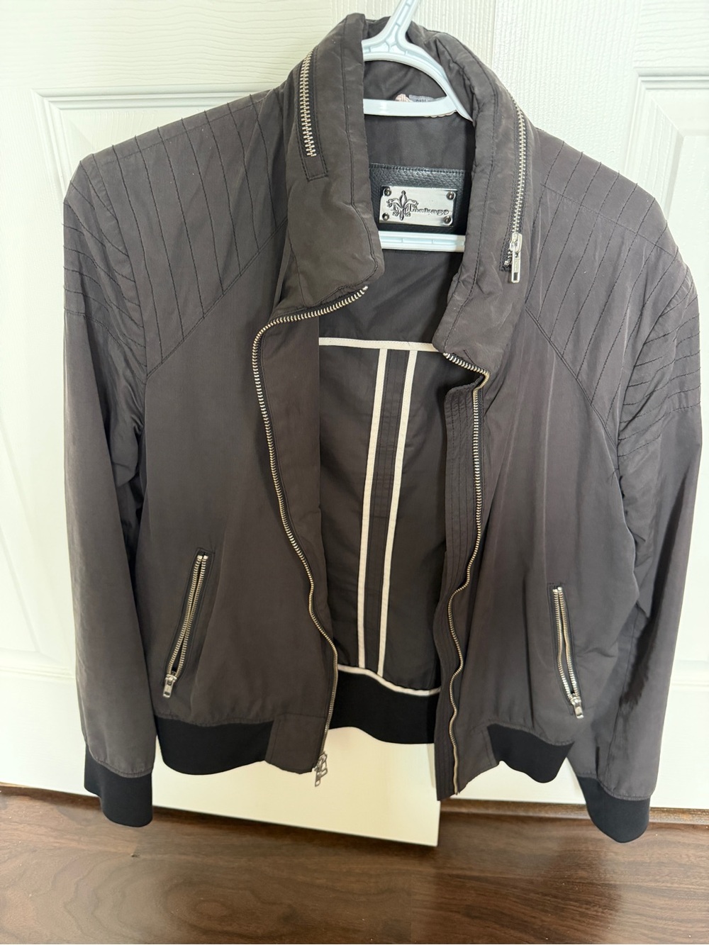 Mackage Men's Charcoal Bomber Jacket with Quilted Shoulders